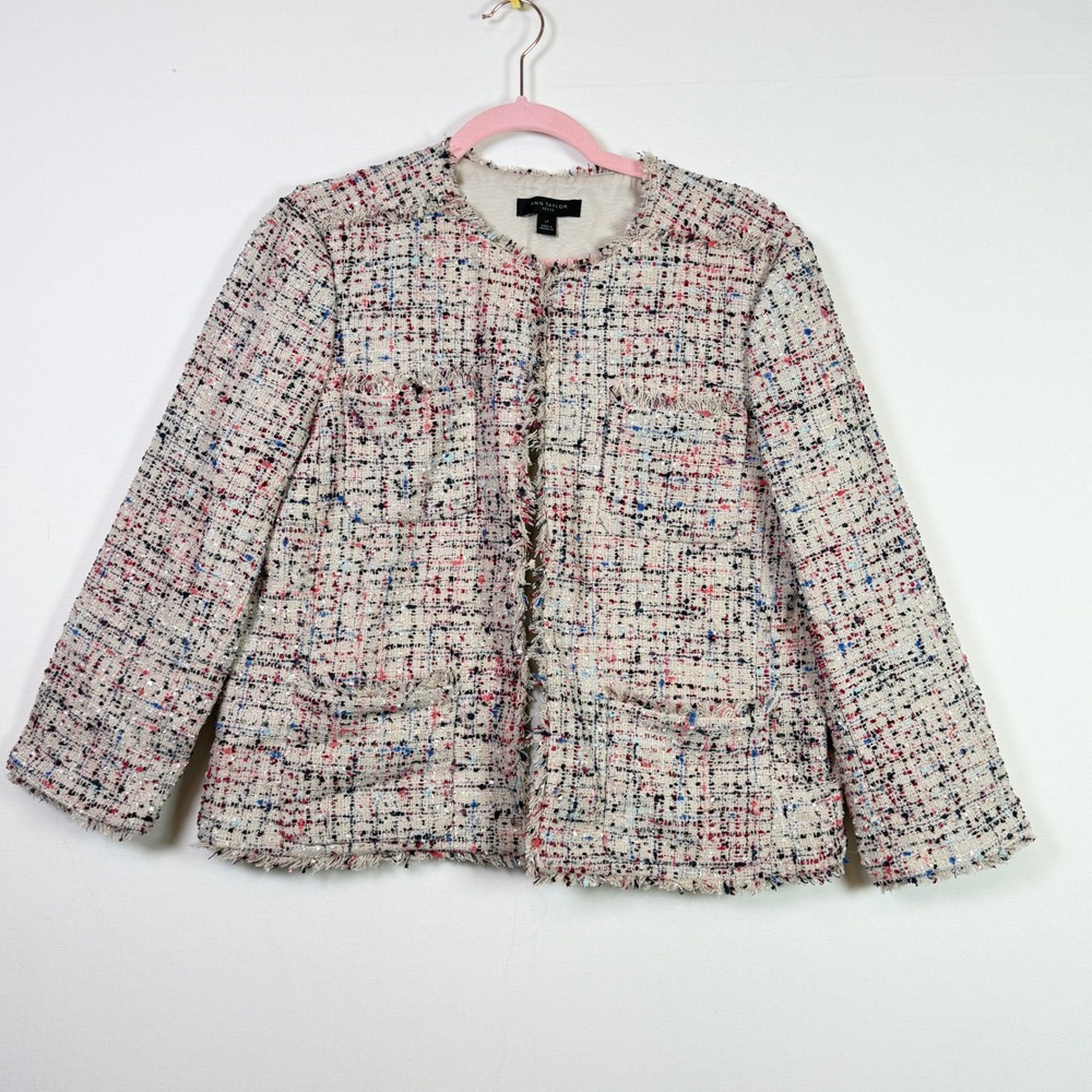 ANN TAYLOR Multi Color Fringe Metallic Tweed Open Front Blazer Jacket LP